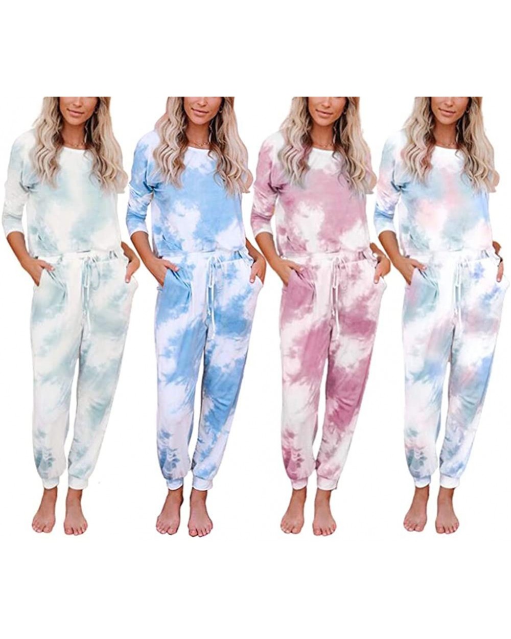 Women Tie-Dye Nightwear Shirt Top Shorts Pajamas 2-Piece Set Pjs Summer Sleepwear Lounge Casual Clothes - Long Sleeve&pants-a...