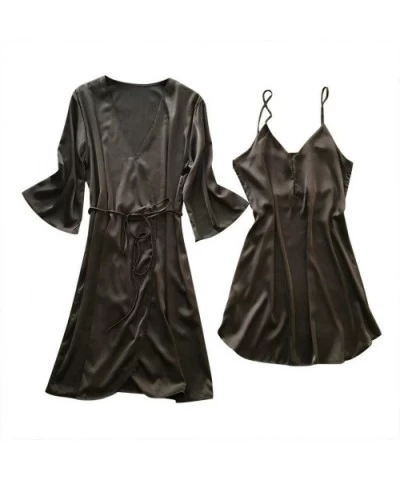 Women's Sexy Silk Satin Robes and Nightgown Bridesmaid Bride Party Kimono Robe Bathrobe Camisole Nightgown 2 Piece - Black - ...