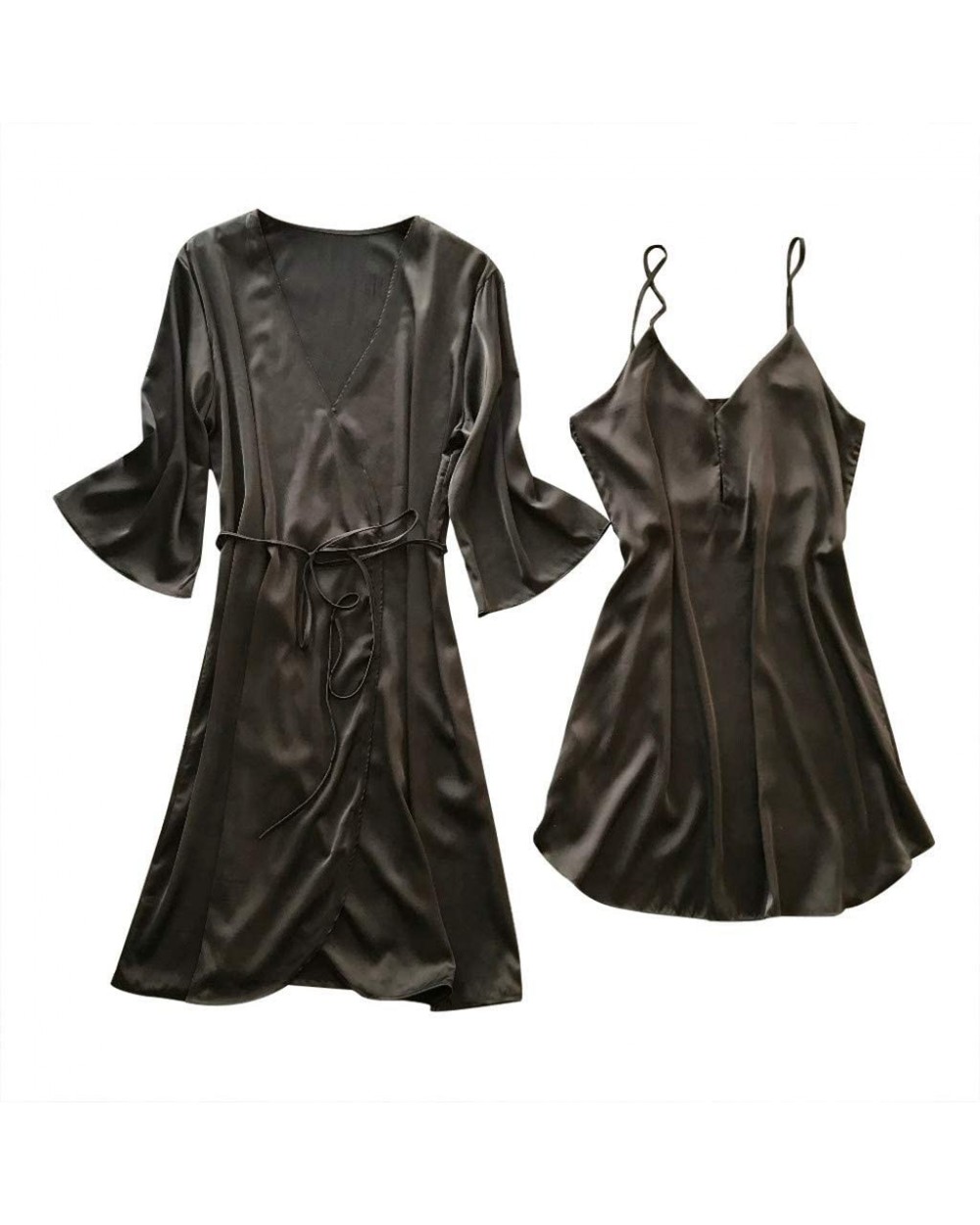 Women's Sexy Silk Satin Robes and Nightgown Bridesmaid Bride Party Kimono Robe Bathrobe Camisole Nightgown 2 Piece - Black - ...