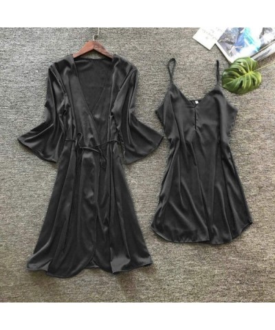 Women's Sexy Silk Satin Robes and Nightgown Bridesmaid Bride Party Kimono Robe Bathrobe Camisole Nightgown 2 Piece - Black - ...