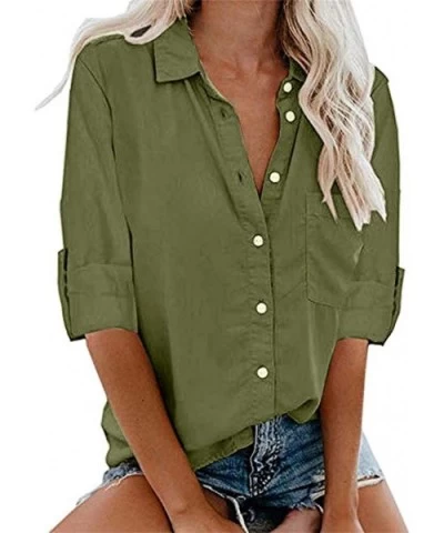 Summer Tops for Women- Ladies Fashion Long Sleeve Pocket Button Tee Casual Popular Blouse Top(S-5XL) - Armygreen - CV18W9EQ7Y...