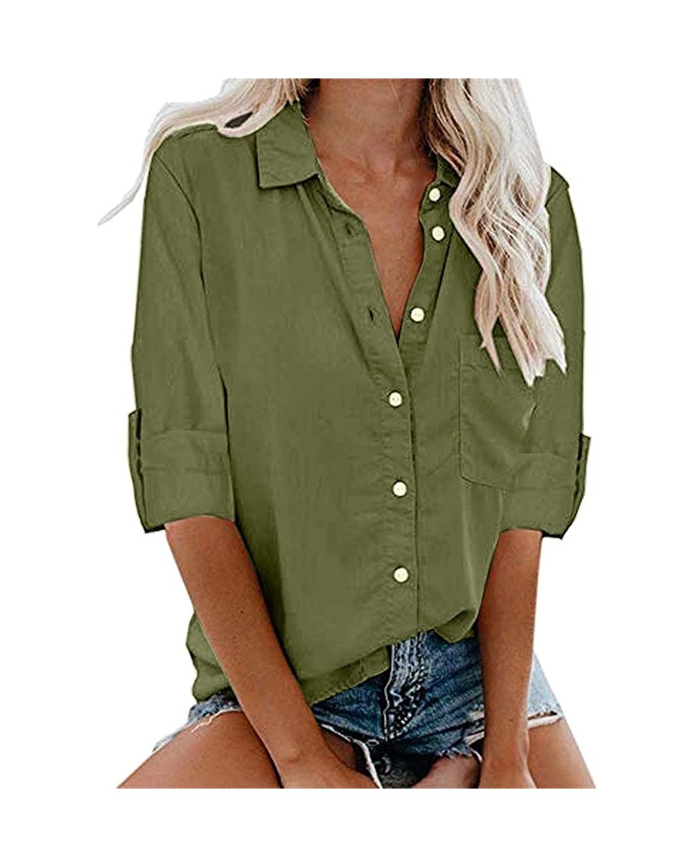 Summer Tops for Women- Ladies Fashion Long Sleeve Pocket Button Tee Casual Popular Blouse Top(S-5XL) - Armygreen - CV18W9EQ7Y...