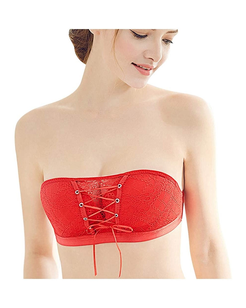 Womens Lace Strapless Bandeau Sexy Strapless Drawstring Underwear Pull-Together Lace Bra Invisible Bra Lingerie - Red - CL19C...