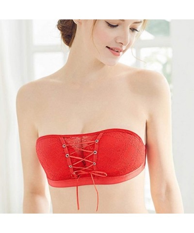 Womens Lace Strapless Bandeau Sexy Strapless Drawstring Underwear Pull-Together Lace Bra Invisible Bra Lingerie - Red - CL19C...