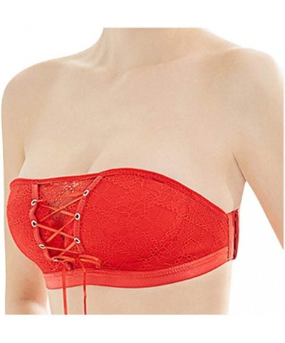 Womens Lace Strapless Bandeau Sexy Strapless Drawstring Underwear Pull-Together Lace Bra Invisible Bra Lingerie - Red - CL19C...