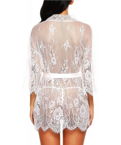 Women's Lace Kimono Robe Babydoll Lingerie Eyelash Nightgown Dress - White - CH18DRET7LL $28.58 Baby Dolls & Chemises