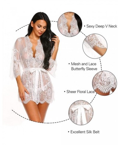 Women's Lace Kimono Robe Babydoll Lingerie Eyelash Nightgown Dress - White - CH18DRET7LL $28.58 Baby Dolls & Chemises