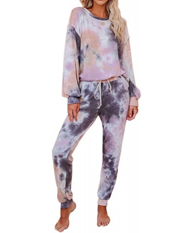 Women Pajamas Set Two Piece Outfits Tie Dye Top Shirt& Jogger Sweatpants Loose Fit Sleepwear Loungewear For Womens - Purple&p...