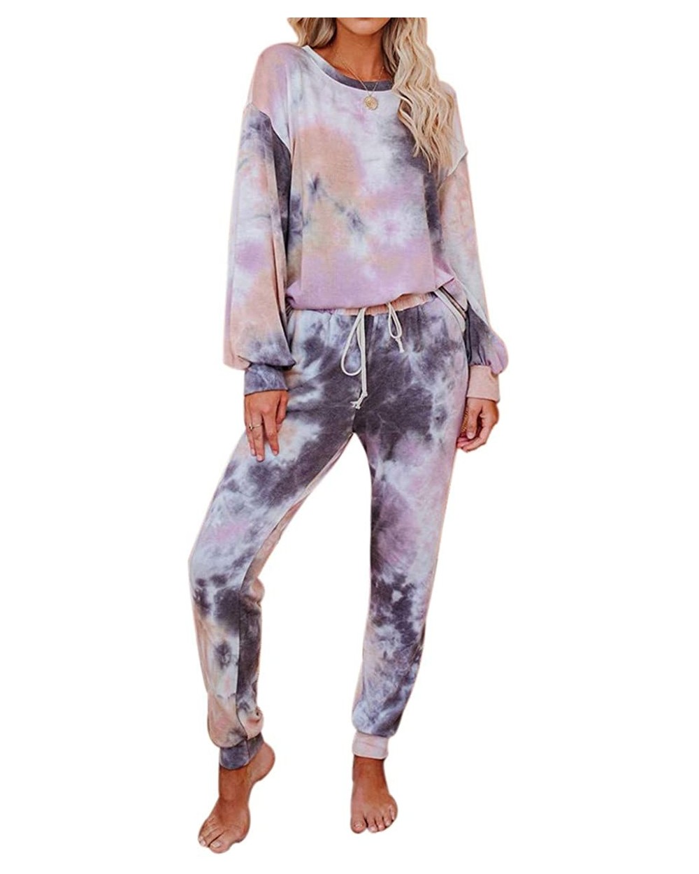 Women Pajamas Set Two Piece Outfits Tie Dye Top Shirt& Jogger Sweatpants Loose Fit Sleepwear Loungewear For Womens - Purple&p...