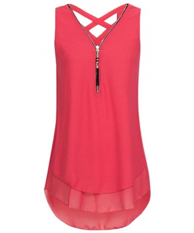 Women's Sleeveless Solid V-Neck Zipper Casual Tunic Tank Tops Vest High Low Hem Blouse Tee Shirts - 00 Red - CL194N8T5CN $19....