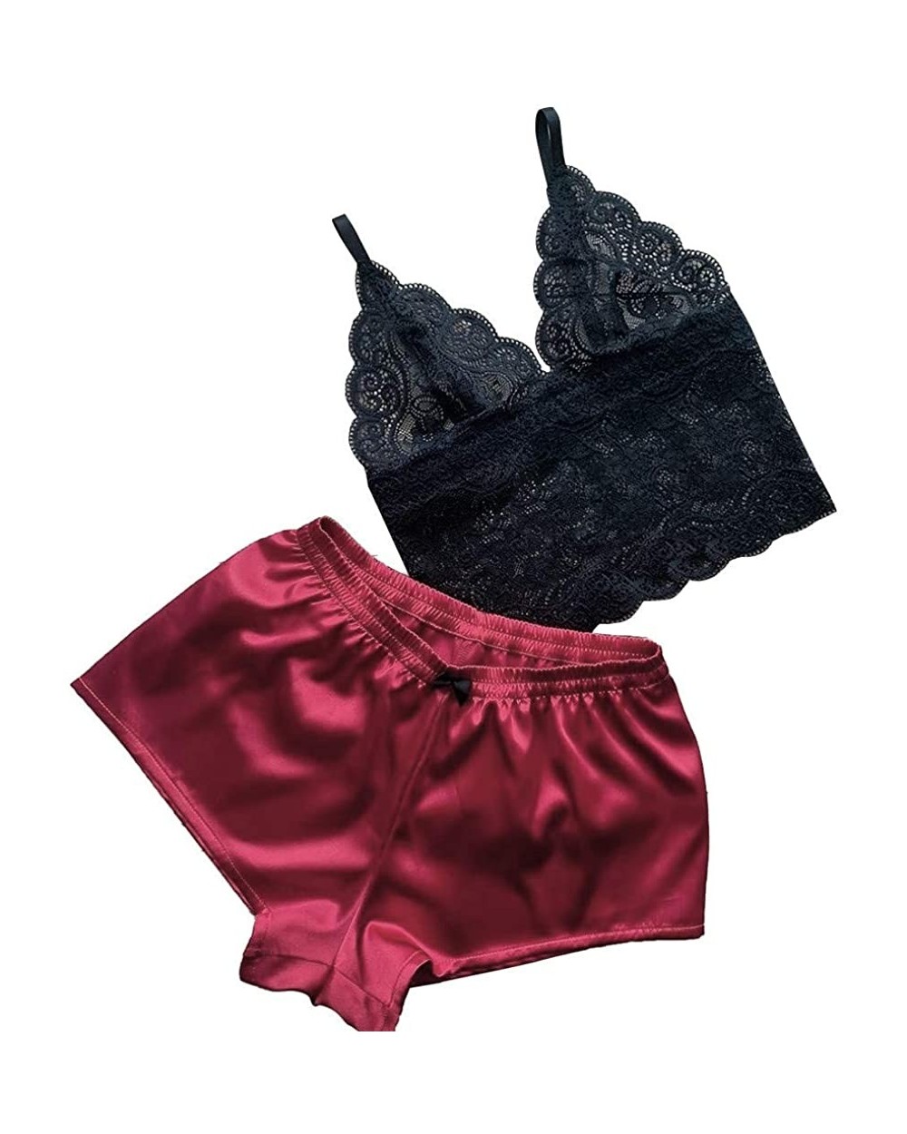 Sleepwear for Women Sexy Satin Lace V Neck Camisole Bowknot Shorts Set Comfortable Pajamas Lingerie - Wine - CH19654IUCW $13....