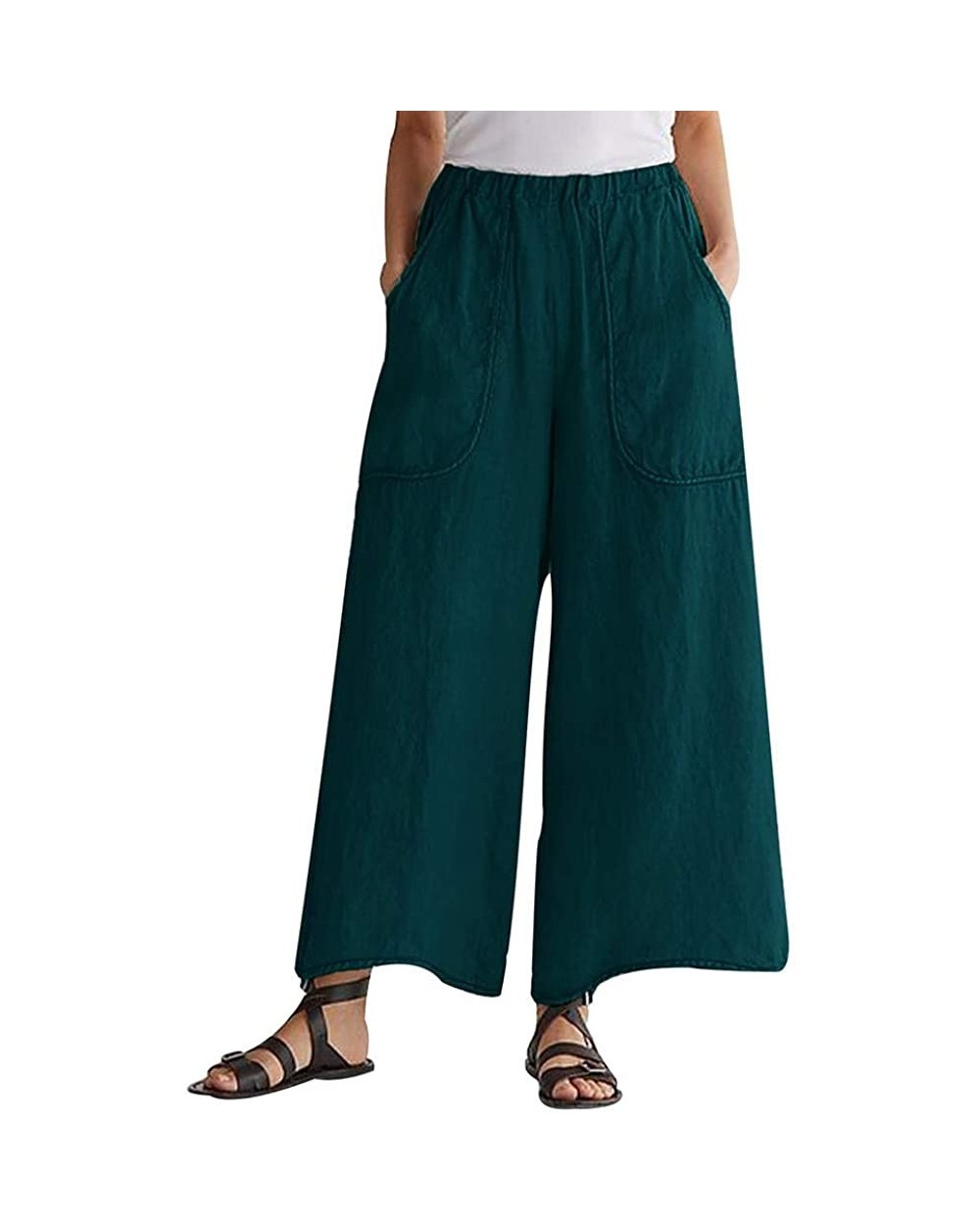 Wide Leg Pants Womens Solid Loose Long Linen Crop Trousers - Dark Green - CB18TL02NTZ $27.53 Bottoms