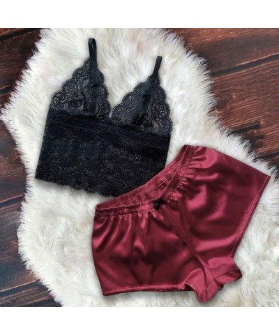 Sleepwear for Women Sexy Satin Lace V Neck Camisole Bowknot Shorts Set Comfortable Pajamas Lingerie - Wine - CH19654IUCW $13....