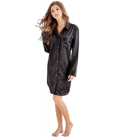 Women's Sleep Shirt- Satin Pajama Top Long Sleeve Nightshirt - Black - CX185O8GIGZ $34.57 Tops