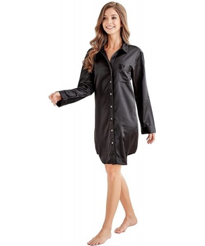 Women's Sleep Shirt- Satin Pajama Top Long Sleeve Nightshirt - Black - CX185O8GIGZ $34.57 Tops