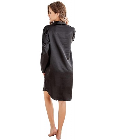 Women's Sleep Shirt- Satin Pajama Top Long Sleeve Nightshirt - Black - CX185O8GIGZ $34.57 Tops