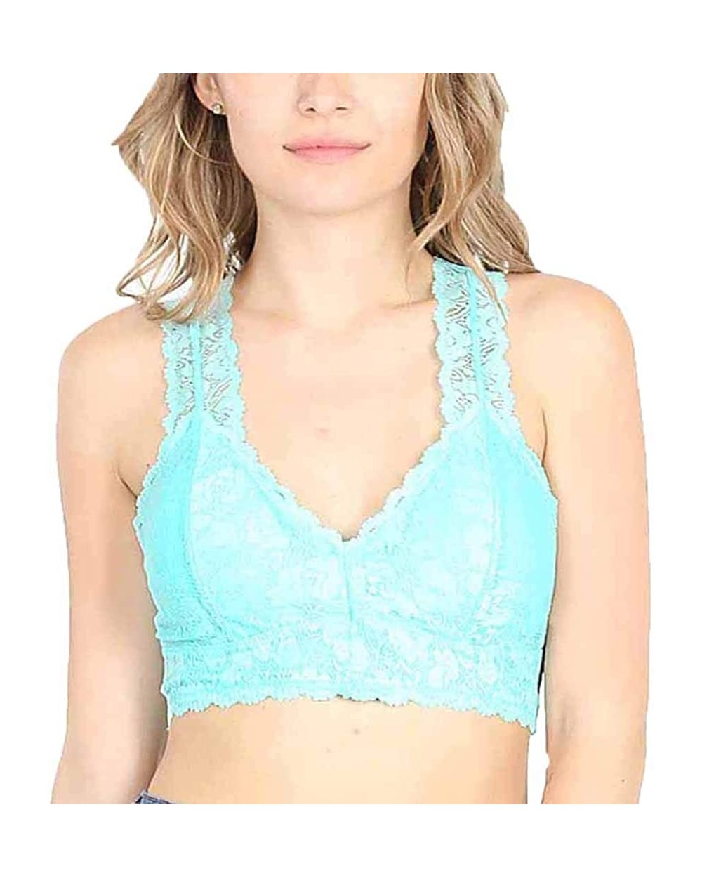 Stretchy Lace Bra with Hour Glass Back with Removable Pads - Blue Mint - CC18X8EC3K0 $13.71 Camisoles & Tanks