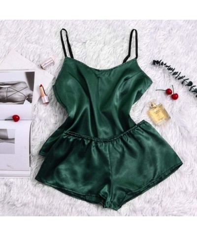 Women's Lace Satin Nightwear Deep V-Neck Cami Pajamas Set Sleepwear Silk Short Pants and Vest - Green 2 - CW19DD3HR7H $22.13 ...