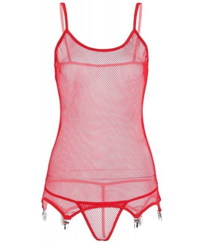 Women's Sheer Fishnet Spaghetti Cami Bodysuit Babydoll Garter Belt with G-String Thongs - Red - CJ18W8X7AA4 $34.18 Baby Dolls...