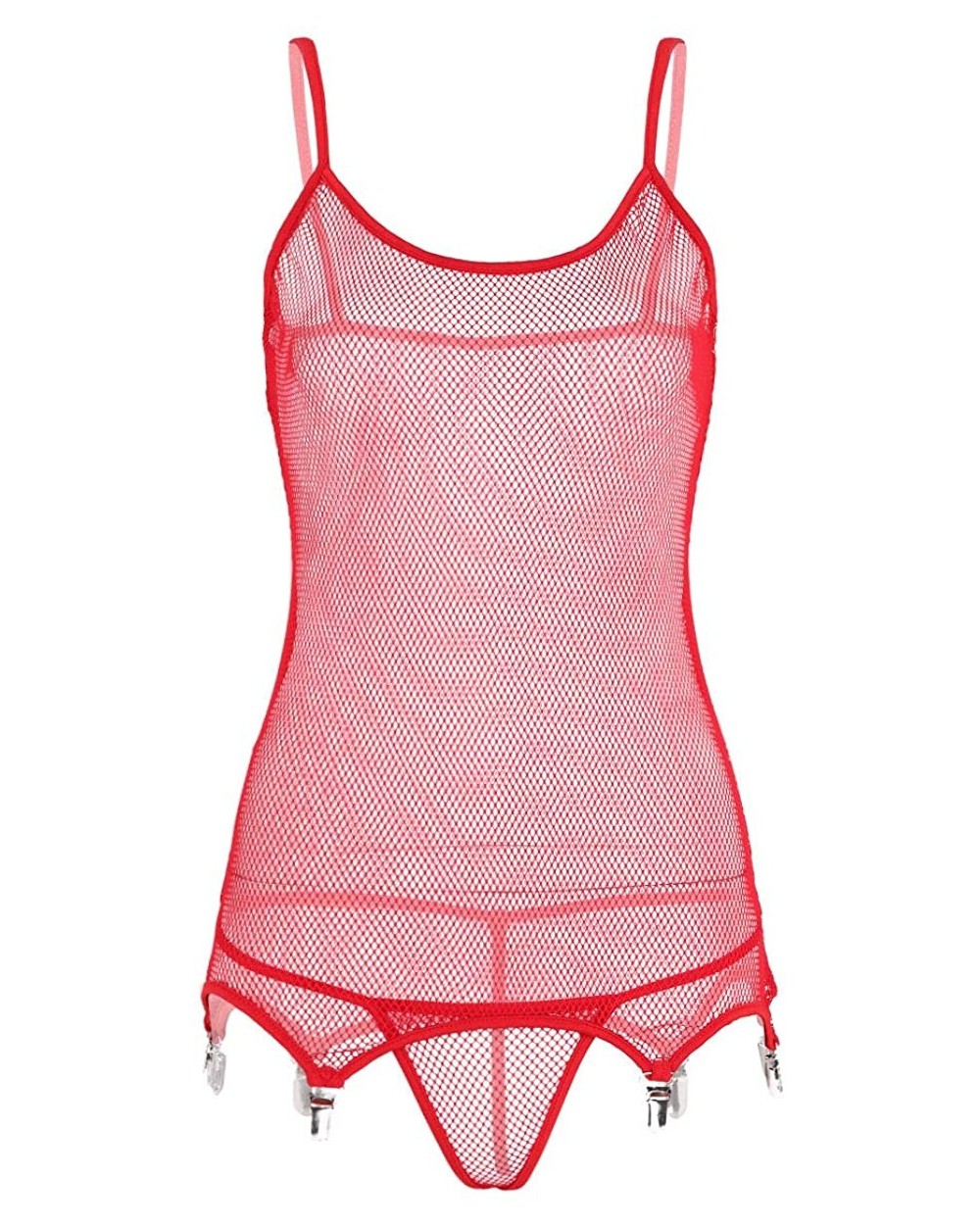 Women's Sheer Fishnet Spaghetti Cami Bodysuit Babydoll Garter Belt with G-String Thongs - Red - CJ18W8X7AA4 $34.18 Baby Dolls...