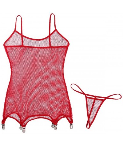 Women's Sheer Fishnet Spaghetti Cami Bodysuit Babydoll Garter Belt with G-String Thongs - Red - CJ18W8X7AA4 $34.18 Baby Dolls...