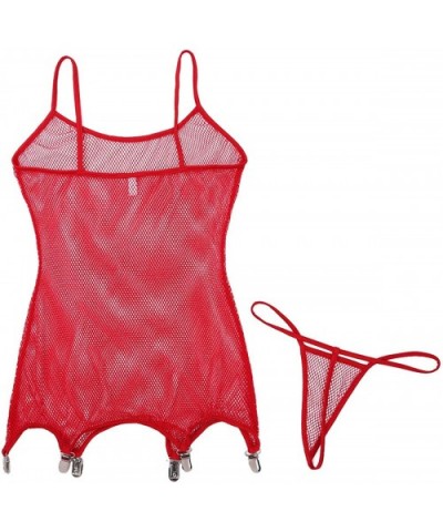 Women's Sheer Fishnet Spaghetti Cami Bodysuit Babydoll Garter Belt with G-String Thongs - Red - CJ18W8X7AA4 $34.18 Baby Dolls...