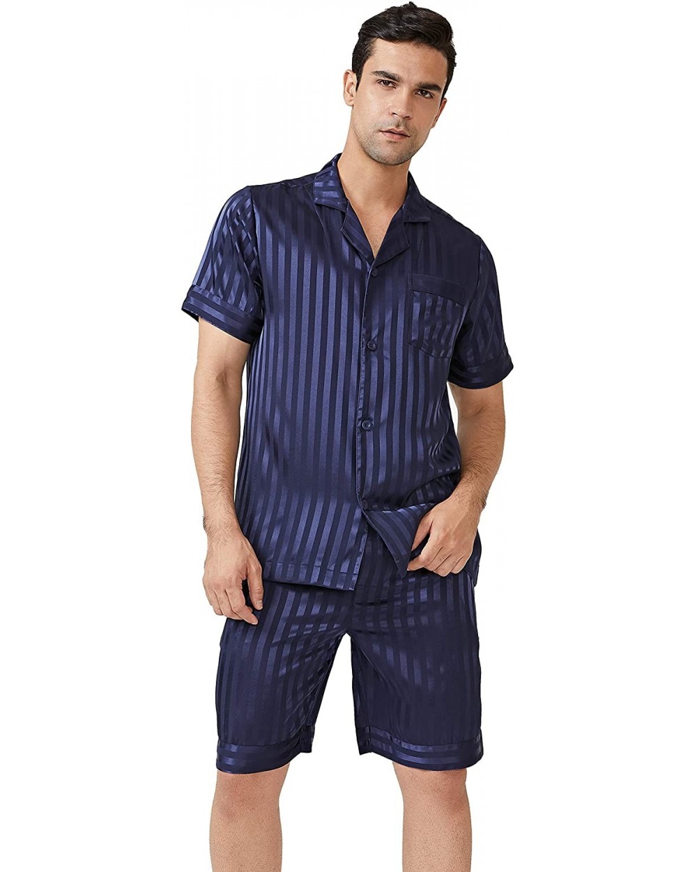 Men's Satin Silky Sleepwear Pajamas Set Button-Down Long Loungewear - Navy Blue - CI18ADZR0LC $65.60 Sleep Sets