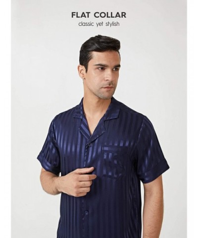 Men's Satin Silky Sleepwear Pajamas Set Button-Down Long Loungewear - Navy Blue - CI18ADZR0LC $65.60 Sleep Sets