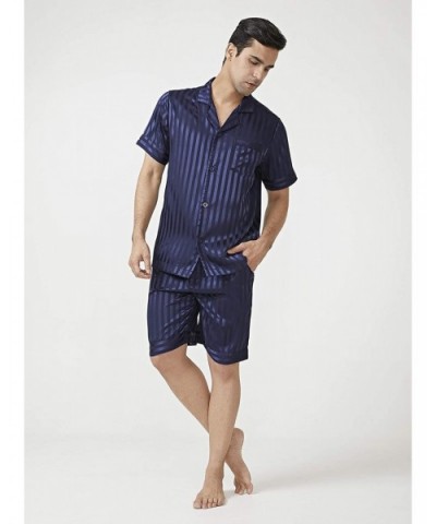 Men's Satin Silky Sleepwear Pajamas Set Button-Down Long Loungewear - Navy Blue - CI18ADZR0LC $65.60 Sleep Sets