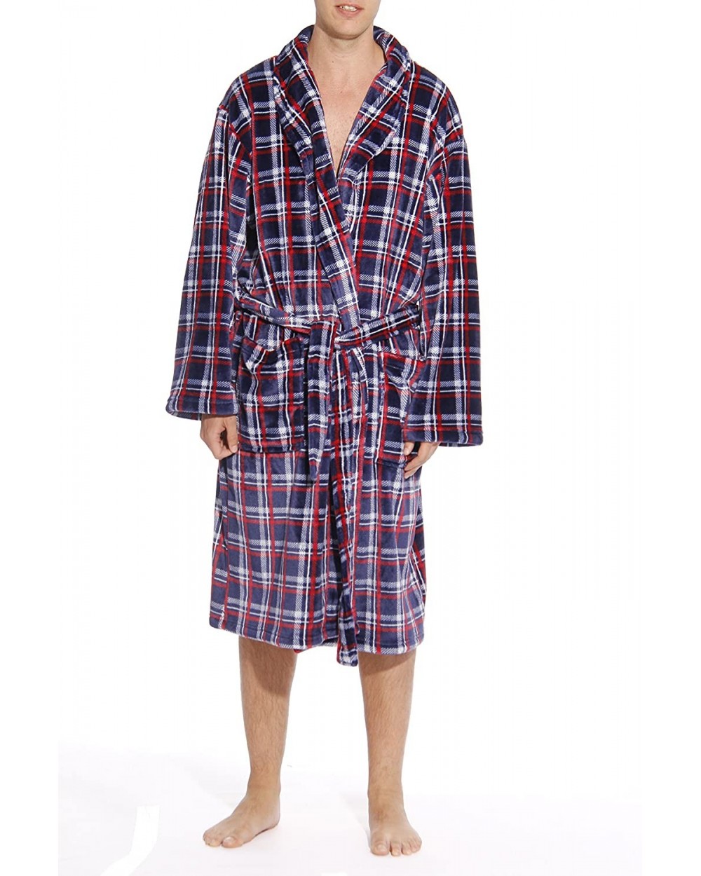 Printed Plaid Velour Flannel Robe Robes for Men - Red / White / Blue - CG182DY0ZL5 $38.92 Robes