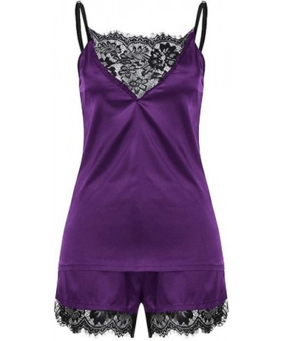 Underwear Women Summer Women Sleepwear Sleeveless Strap Nightwear Lace Trim Satin Cami Top Pajama Sets Purple_e05 - CV18QKLK9...