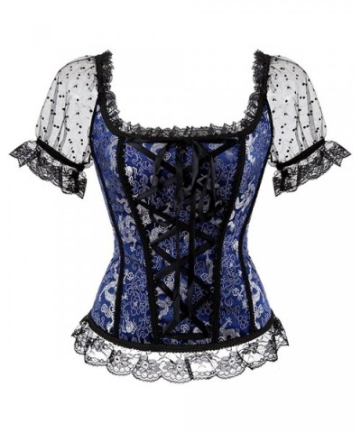 Gothic Tapestry Lace up Boned Corset Overbust Bustier with Lace Sleeves - Blue - C418YKG8IZH $36.92 Bustiers & Corsets