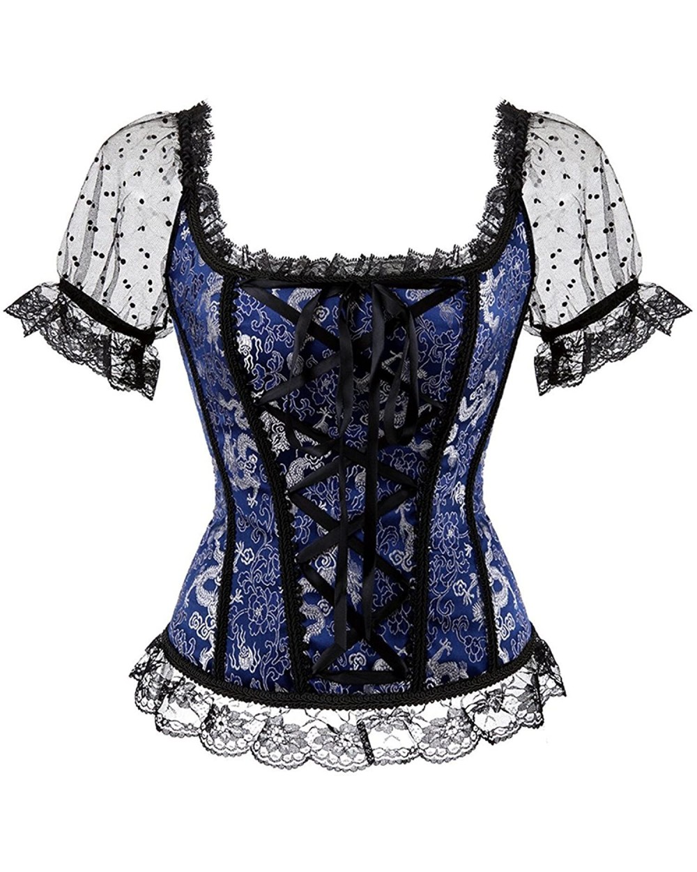 Gothic Tapestry Lace up Boned Corset Overbust Bustier with Lace Sleeves - Blue - C418YKG8IZH $36.92 Bustiers & Corsets