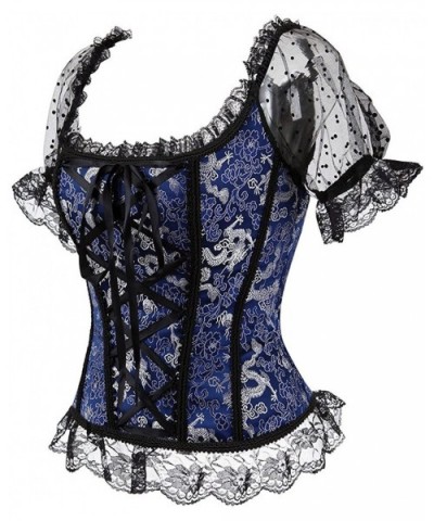 Gothic Tapestry Lace up Boned Corset Overbust Bustier with Lace Sleeves - Blue - C418YKG8IZH $36.92 Bustiers & Corsets