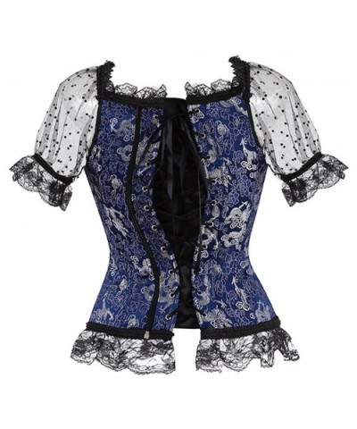 Gothic Tapestry Lace up Boned Corset Overbust Bustier with Lace Sleeves - Blue - C418YKG8IZH $36.92 Bustiers & Corsets