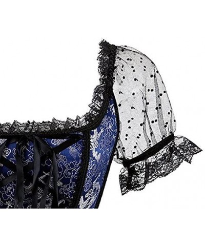 Gothic Tapestry Lace up Boned Corset Overbust Bustier with Lace Sleeves - Blue - C418YKG8IZH $36.92 Bustiers & Corsets