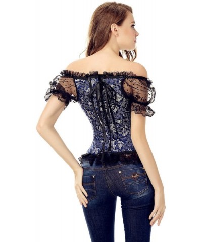 Gothic Tapestry Lace up Boned Corset Overbust Bustier with Lace Sleeves - Blue - C418YKG8IZH $36.92 Bustiers & Corsets