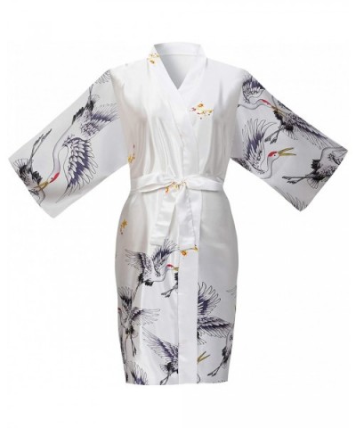 Women's One Size Silky Satin Kimono Robe Crane Bathrobe Sleepwear Dress - White - C918UDX3I3G $13.53 Robes