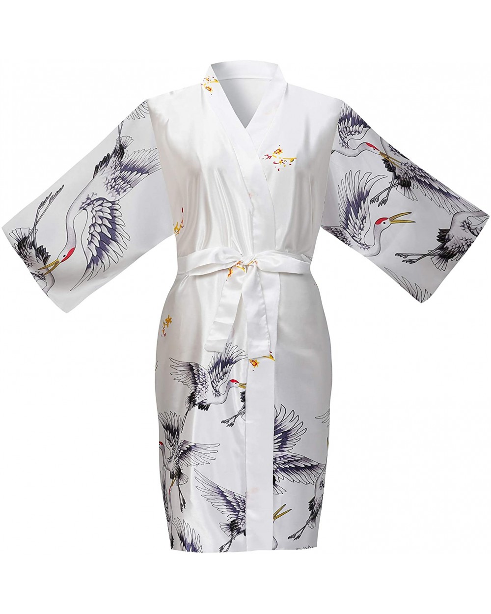 Women's One Size Silky Satin Kimono Robe Crane Bathrobe Sleepwear Dress - White - C918UDX3I3G $13.53 Robes