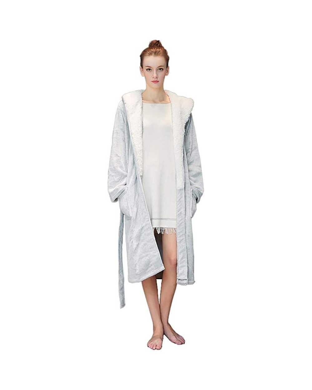 Thicken Warm Kimono Robe Loose Long Nightgown Fleece Shawl Collar-Women Flannel Hooded Bathrobe - Gray - CJ198DGAZGL $69.37 R...