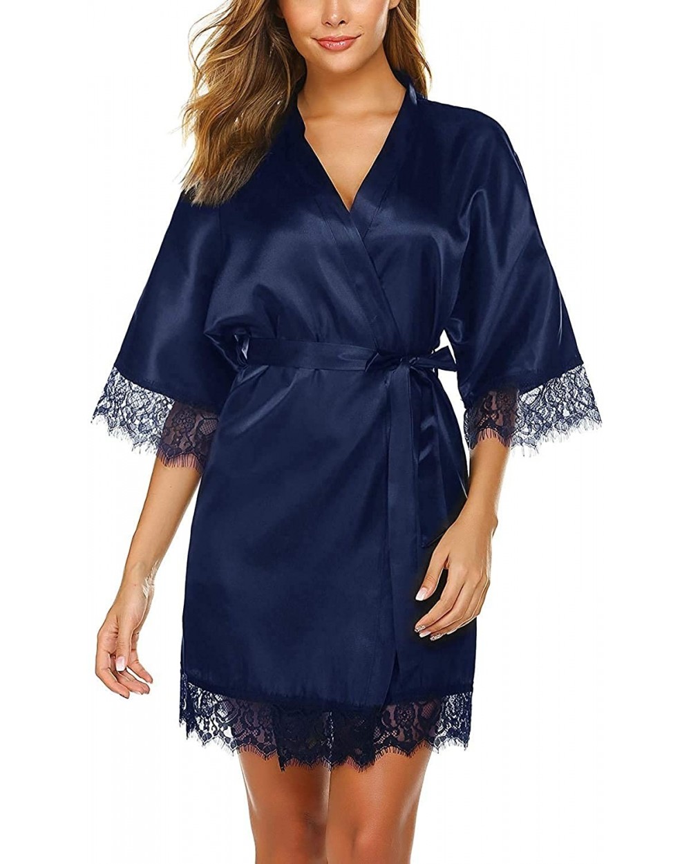 Women's Solid Satin S Sleepwear Kimono Robe Short Bridesmaids Lingerie XXL - 1 Navy Blue - C619DQU8T3Z $28.93 Robes