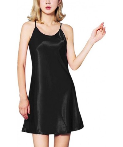 Womens Plus Size Sexy Satin Hem Sling Lingerie Nightwear Dress - Black - CW195I0LL9S $14.11 Robes