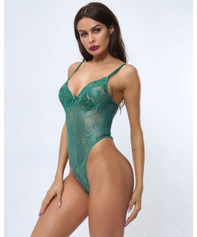 Women Sexy Lace Bodysuit One Piece Lingerie Teddy Underwear - Deep Green - C118TT9SLXA $22.13 Shapewear