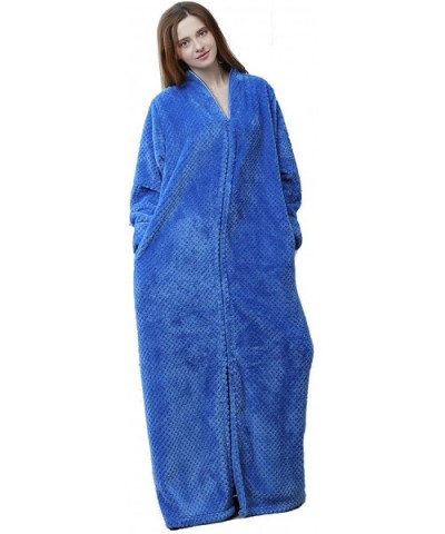 Women's Zip Front Bathrobe Premium Flannel Fleece Plush Caftan Soft Long Robe Warm Housecoat - Blue - CU18LE4023U $55.43 Robes