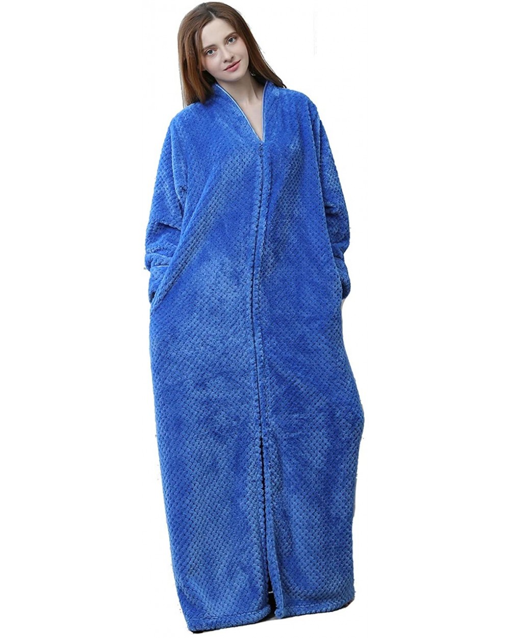 Women's Zip Front Bathrobe Premium Flannel Fleece Plush Caftan Soft Long Robe Warm Housecoat - Blue - CU18LE4023U $55.43 Robes