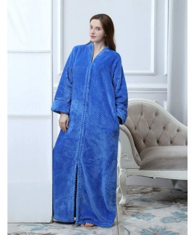 Women's Zip Front Bathrobe Premium Flannel Fleece Plush Caftan Soft Long Robe Warm Housecoat - Blue - CU18LE4023U $55.43 Robes