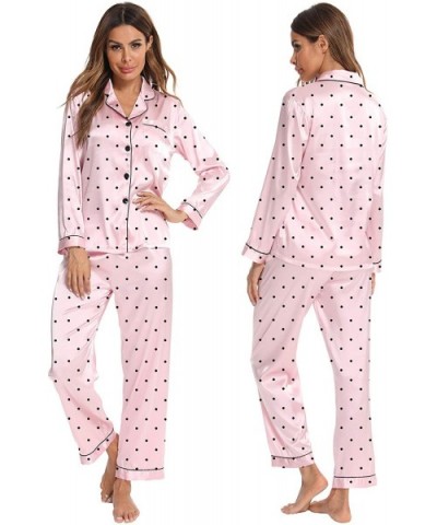 Womens Silk Satin Pajamas Long Sleeve Loungewear Two-Piece Sleepwear Button-Down Pj Set - Pink Dots - C6199D24OXK $40.66 Sets