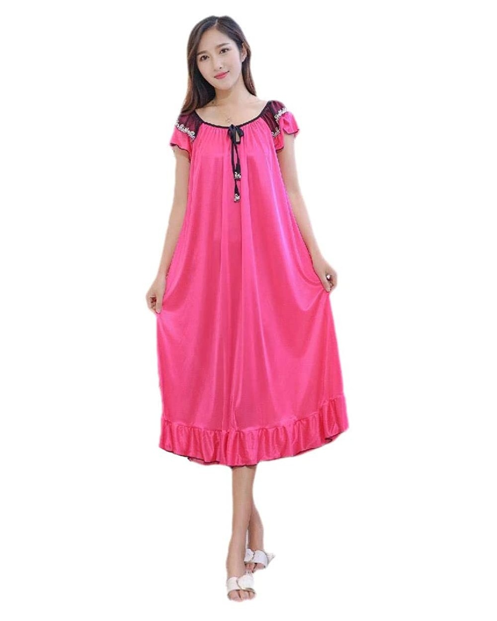 Womens Lightweight Sexy Summer Long Silky Soft Charmeuse Sleeping Dress - Rose Red - C7199SNS6T4 $38.61 Nightgowns & Sleepshirts