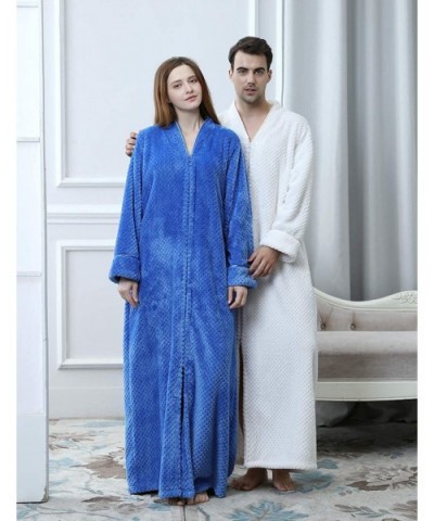 Women's Zip Front Bathrobe Premium Flannel Fleece Plush Caftan Soft Long Robe Warm Housecoat - Blue - CU18LE4023U $55.43 Robes