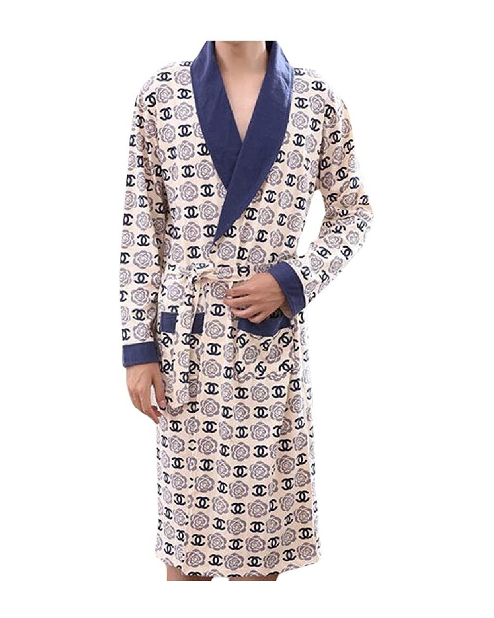 Mens Plaid Casual Bathrobe Comfort Lounge Long Sleeve Loungewear Robe - 12 - CQ18T5E8OAI $69.34 Robes